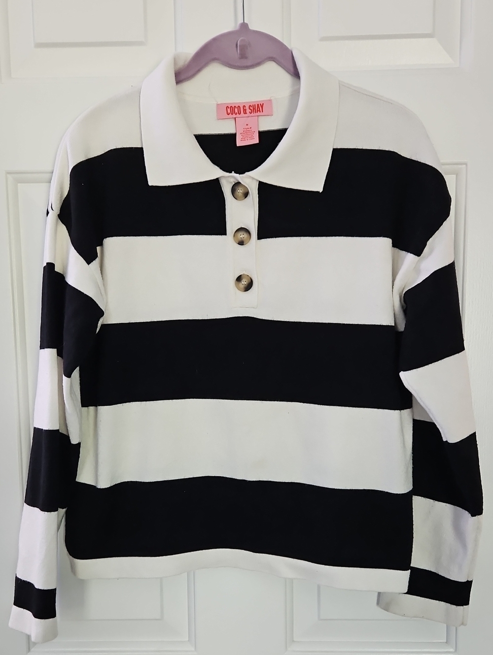 Coco & Shay Black and White Striped Polo Sweater